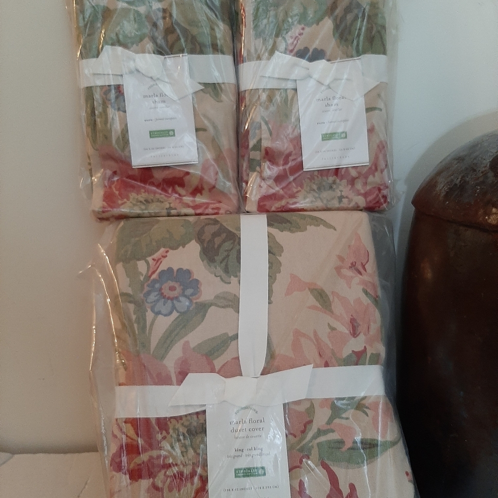 Pottery Barn King Marla Floral Linen Cotton Blend Duvet Cover & 2 Euro Shams - Picture 8 of 8